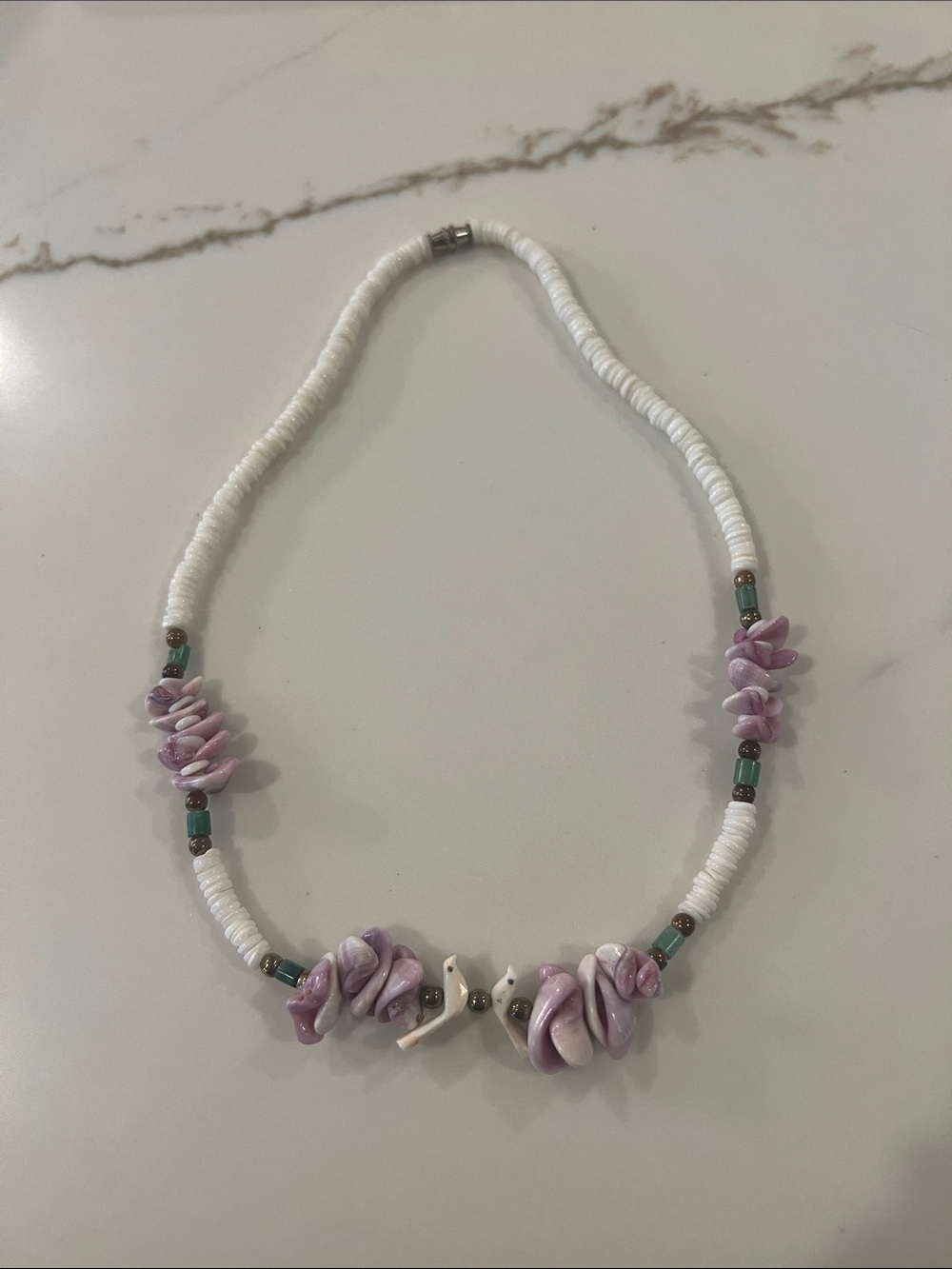 Vintage White & Lavender Beaded Shell Necklace - Unbranded